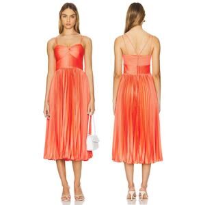 AMUR Krisley Pleated Midi Dress Formal Party Chic Cocktail Wedding Orange Sz 10